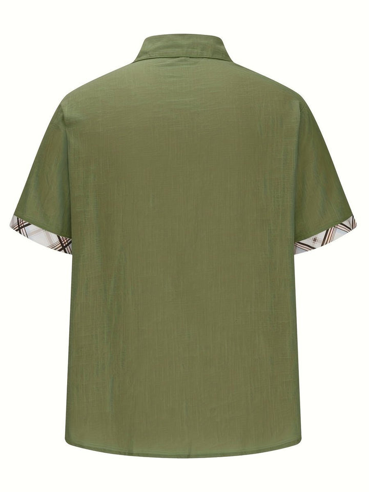 Men's Short-Sleeve Plaid-Lined Linen Button-Down Shirt
