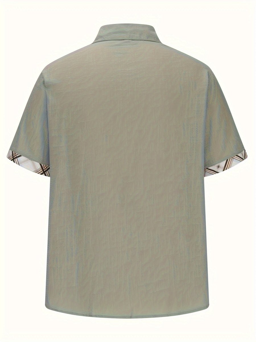 Men's Short-Sleeve Plaid-Lined Linen Button-Down Shirt