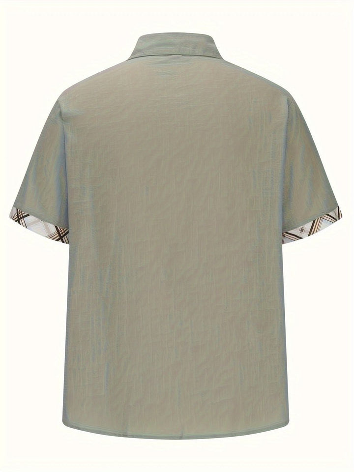 Men's Short-Sleeve Plaid-Lined Linen Button-Down Shirt