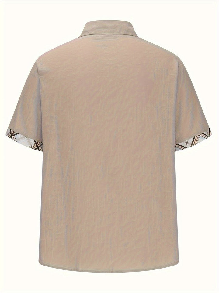 Men's Short-Sleeve Plaid-Lined Linen Button-Down Shirt