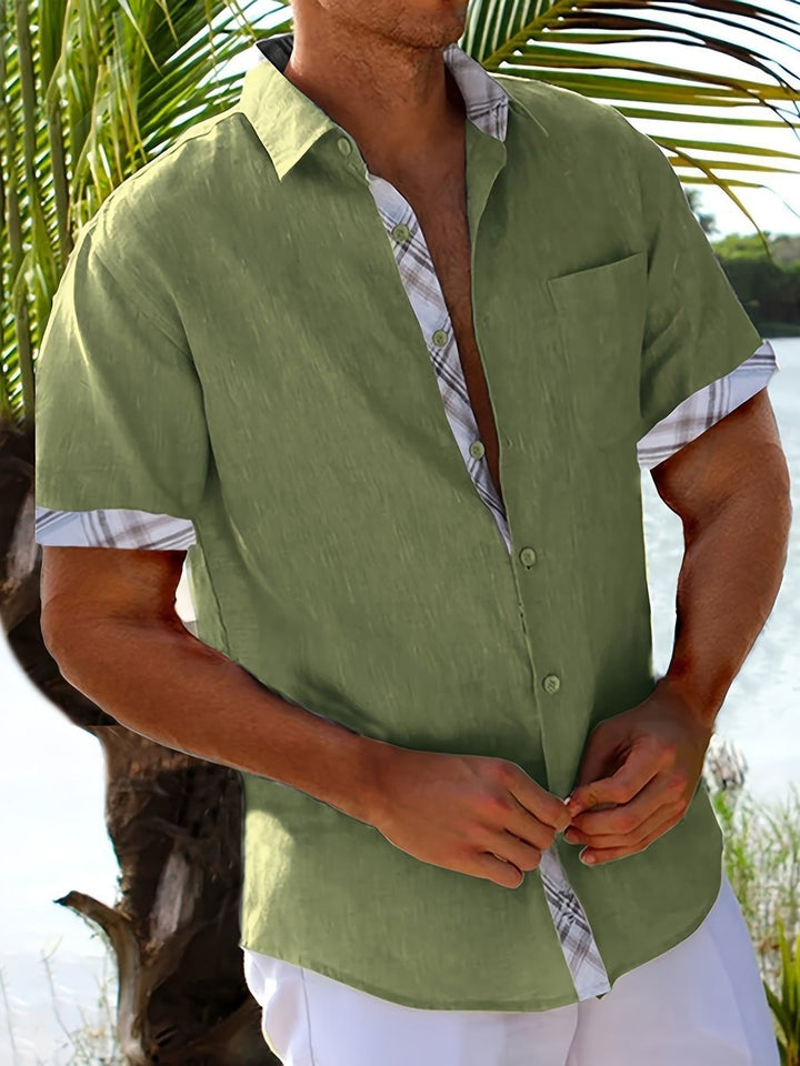 Men's Short-Sleeve Plaid-Lined Linen Button-Down Shirt
