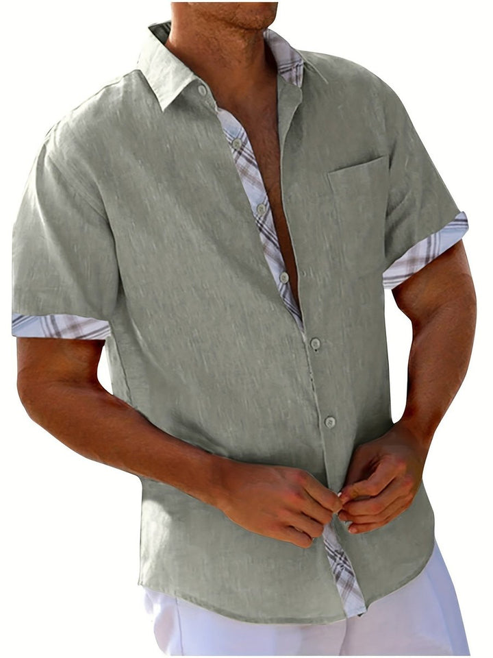 Men's Short-Sleeve Plaid-Lined Linen Button-Down Shirt