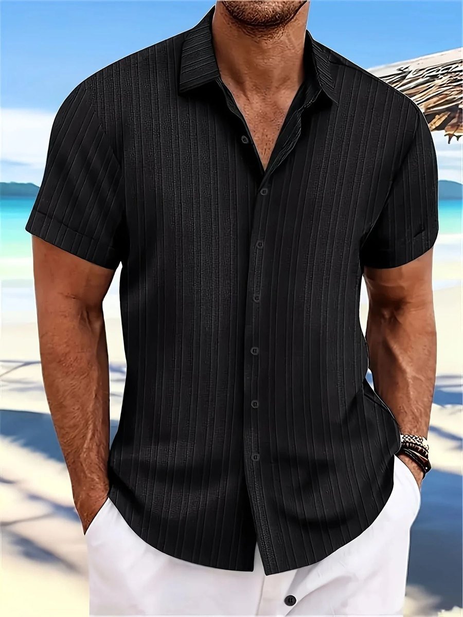 Men's Short-Sleeve Textured Striped Button-Down Summer Shirt