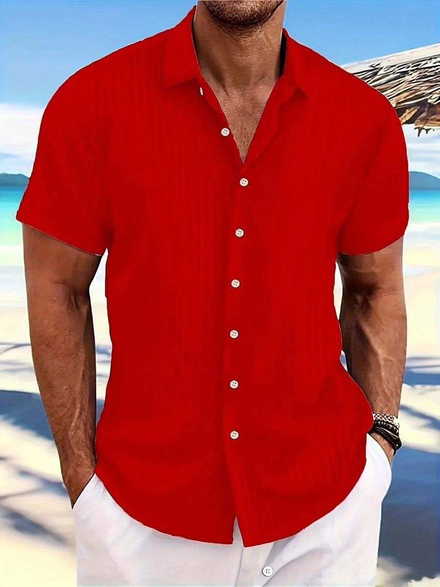 Men's Short-Sleeve Textured Striped Button-Down Summer Shirt