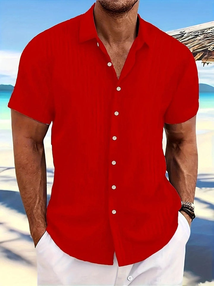 Men's Short-Sleeve Textured Striped Button-Down Summer Shirt