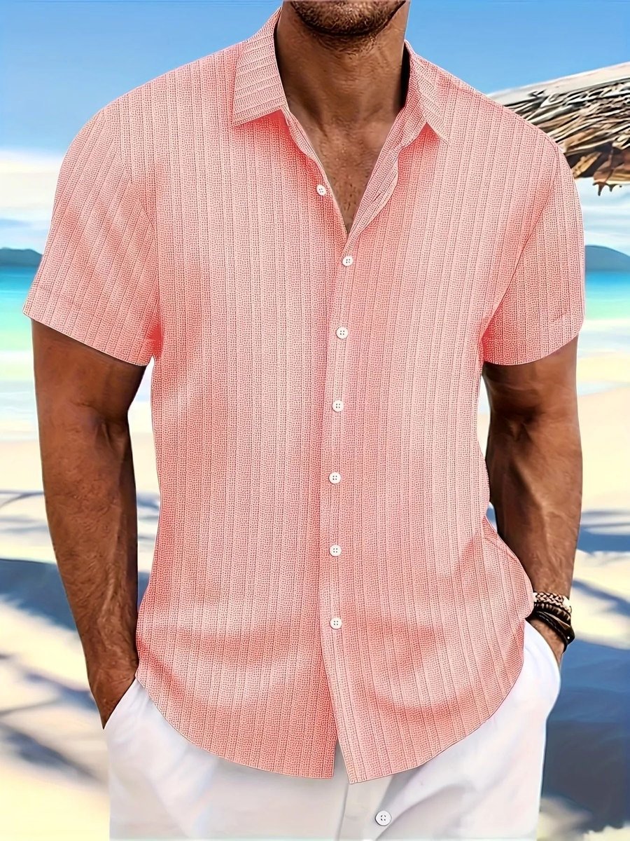 Men's Short-Sleeve Textured Striped Button-Down Summer Shirt