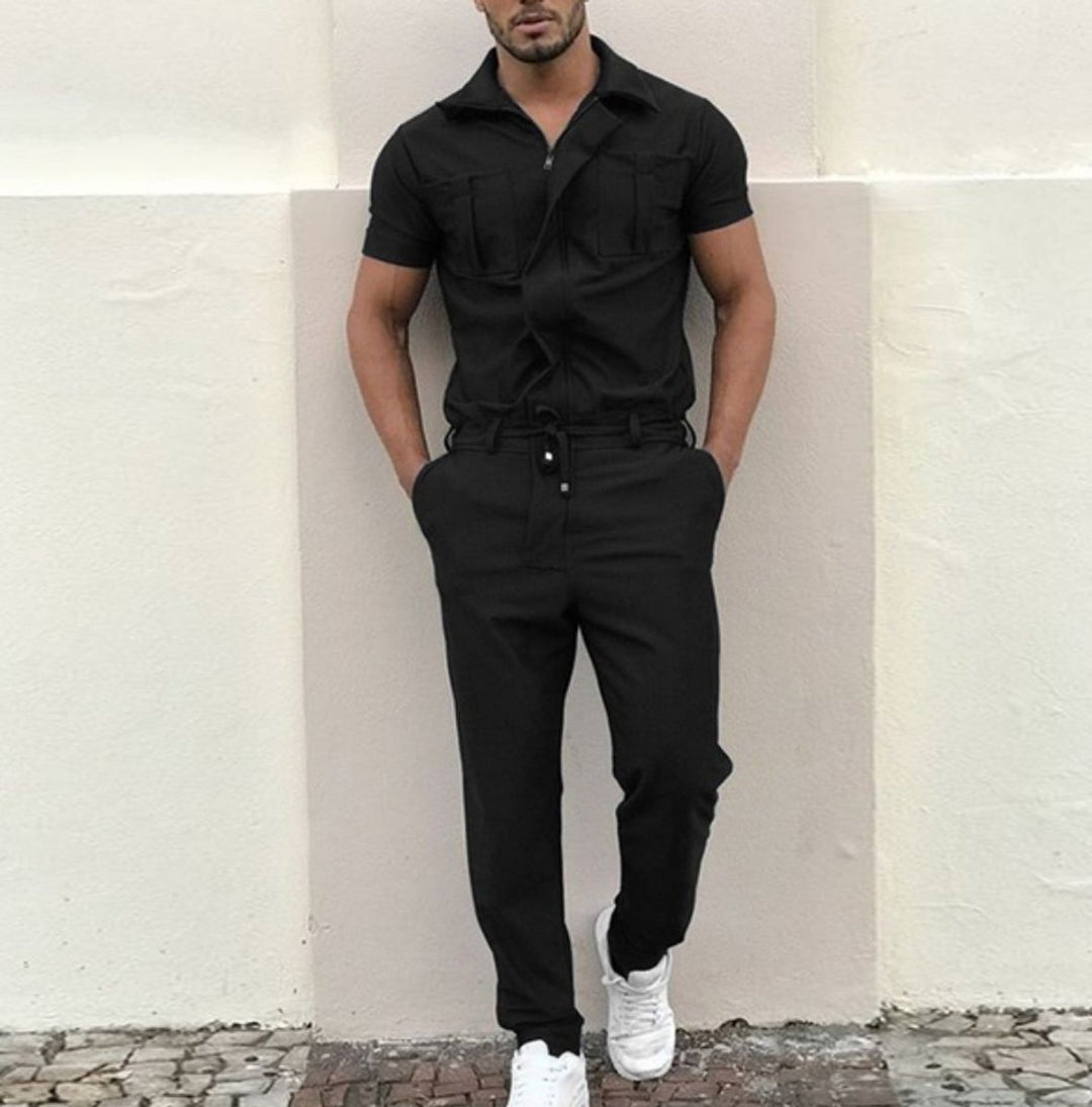 Men's Short-Sleeve Zip-Up Utility Jumpsuit