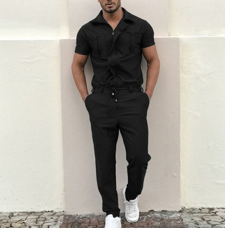 Men's Short-Sleeve Zip-Up Utility Jumpsuit