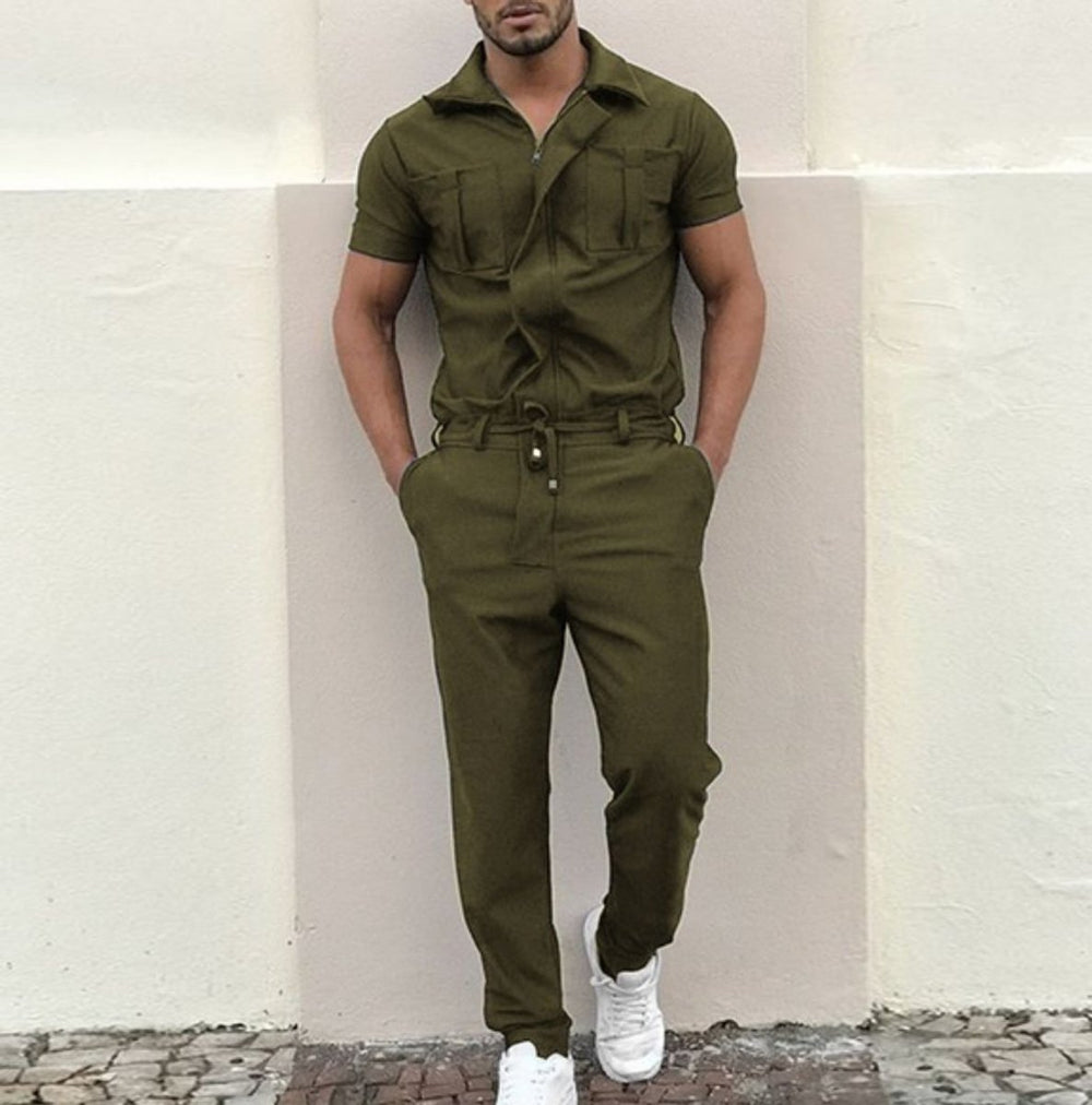 Men's Short-Sleeve Zip-Up Utility Jumpsuit