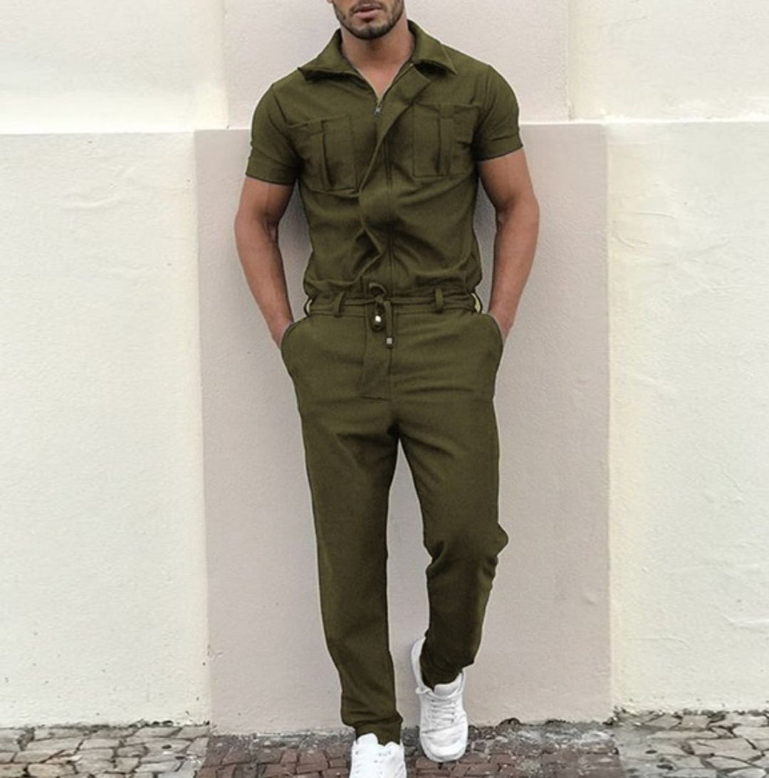 Men's Short-Sleeve Zip-Up Utility Jumpsuit