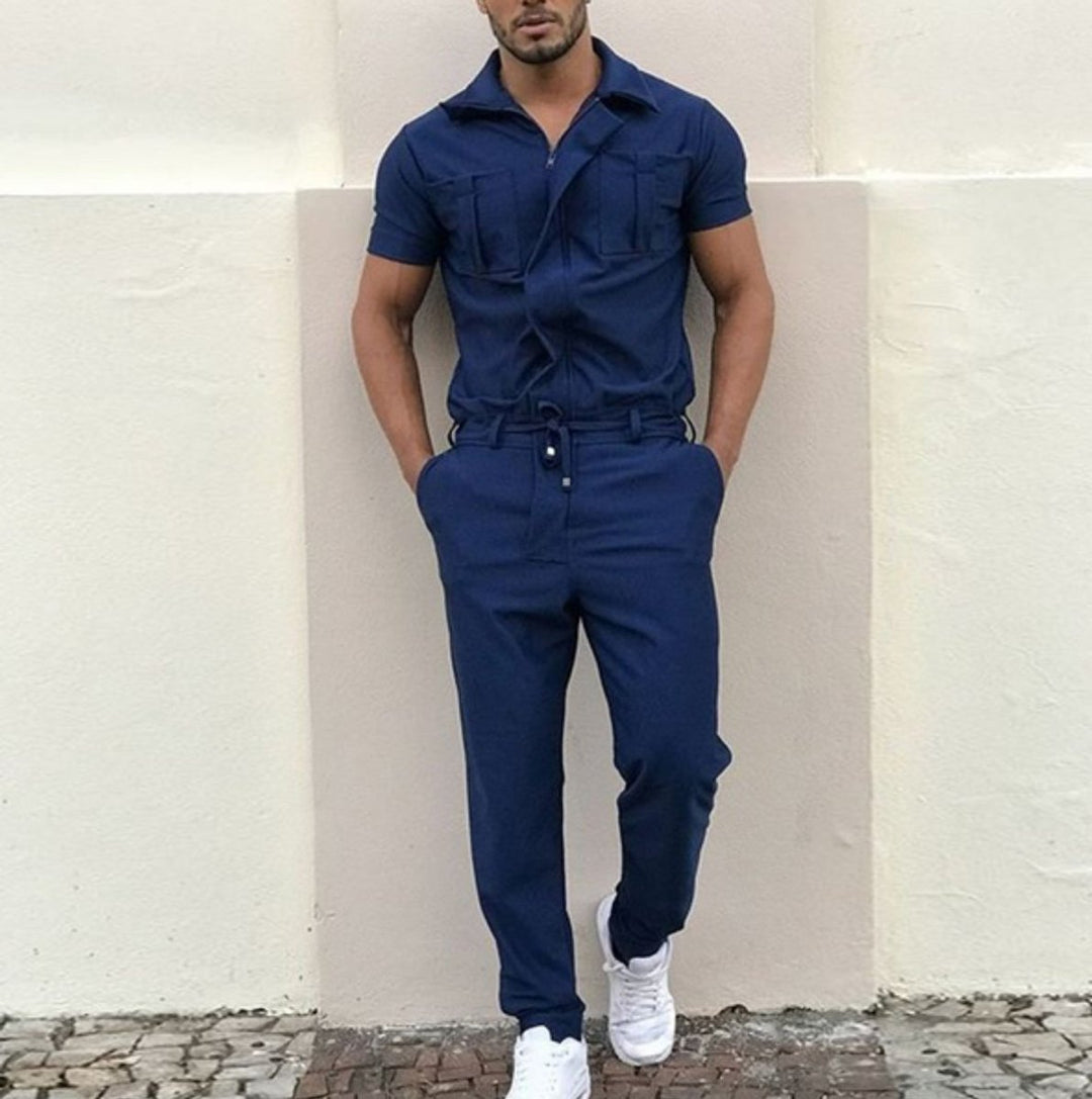 Men's Short-Sleeve Zip-Up Utility Jumpsuit