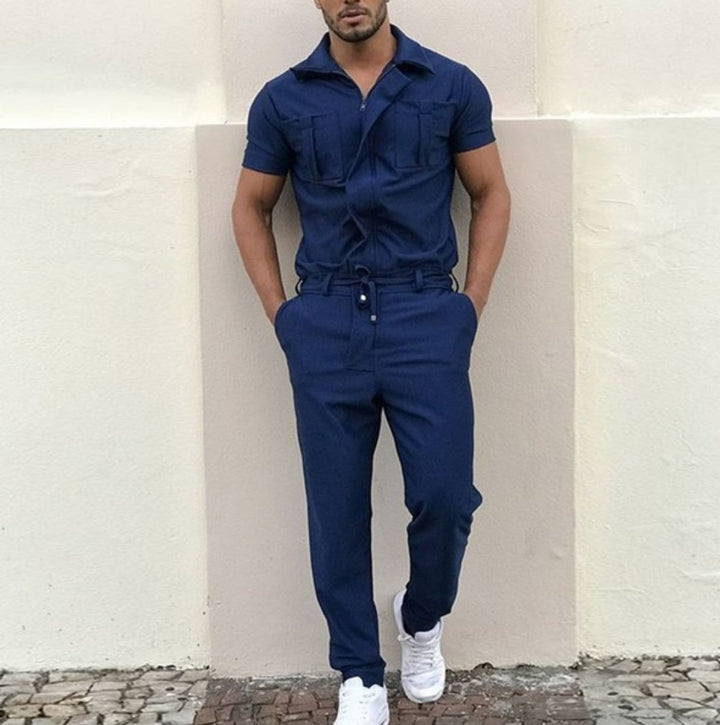Men's Short-Sleeve Zip-Up Utility Jumpsuit