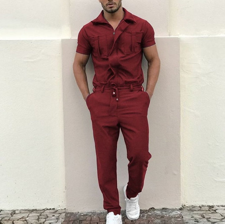 Men's Short-Sleeve Zip-Up Utility Jumpsuit