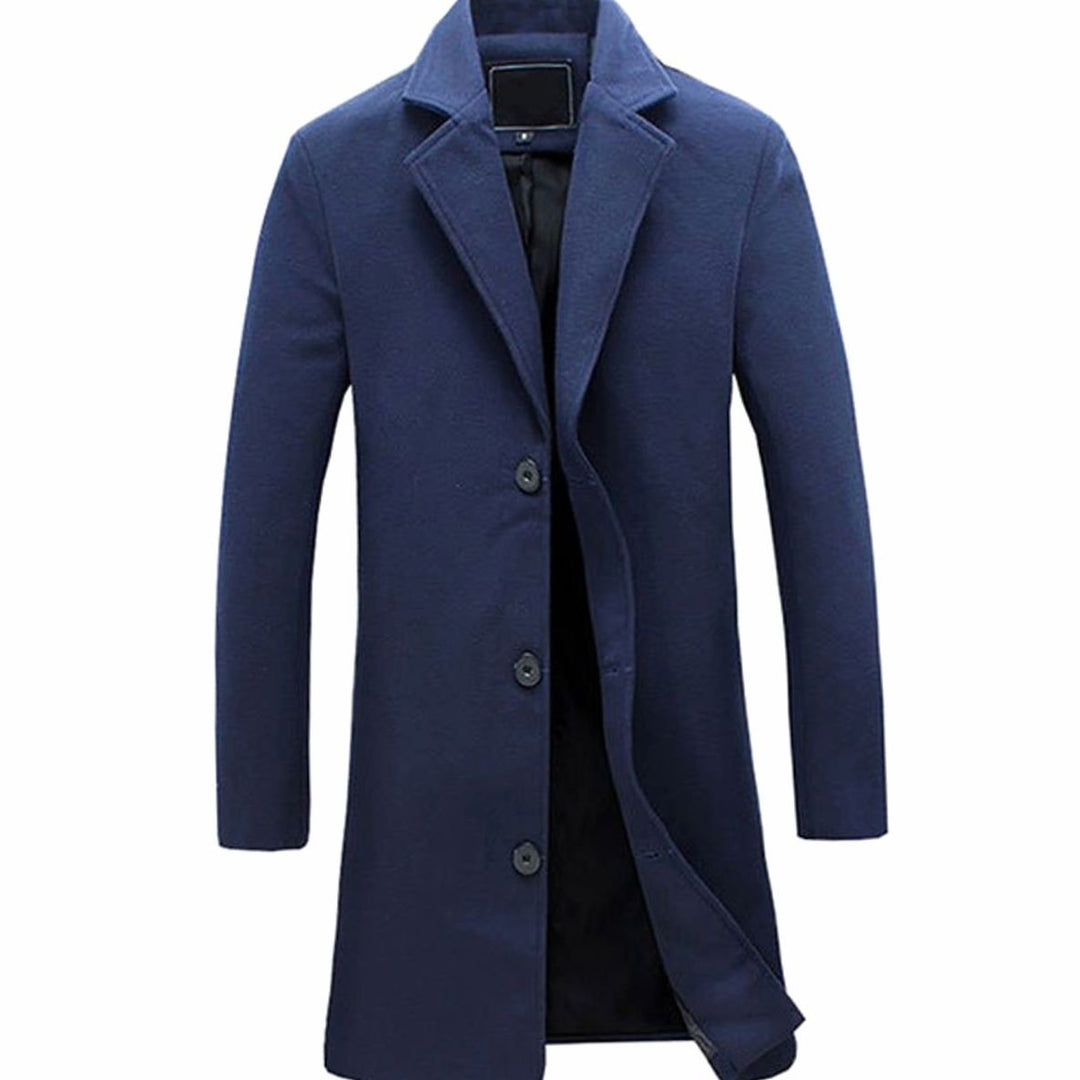 Men's Single-Breasted Slim-Fit Wool-Blend Long Overcoat - Navy Blue