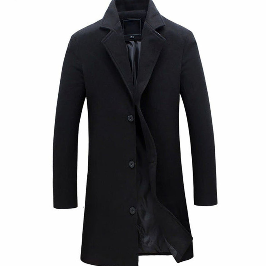 Men's Single-Breasted Slim-Fit Wool-Blend Long Overcoat - Black