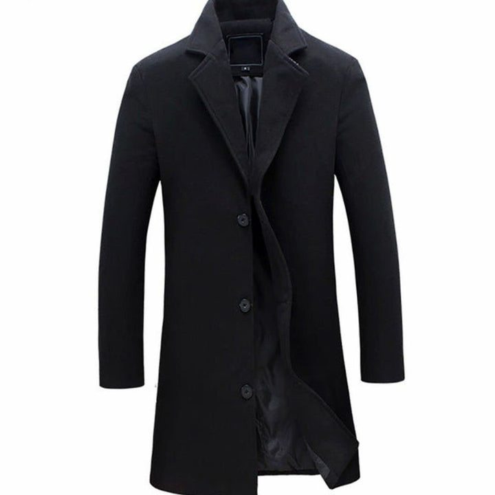 Men's Single-Breasted Slim-Fit Wool-Blend Long Overcoat - Black