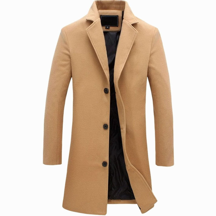 Men's Single-Breasted Slim-Fit Wool-Blend Long Overcoat - Khaki