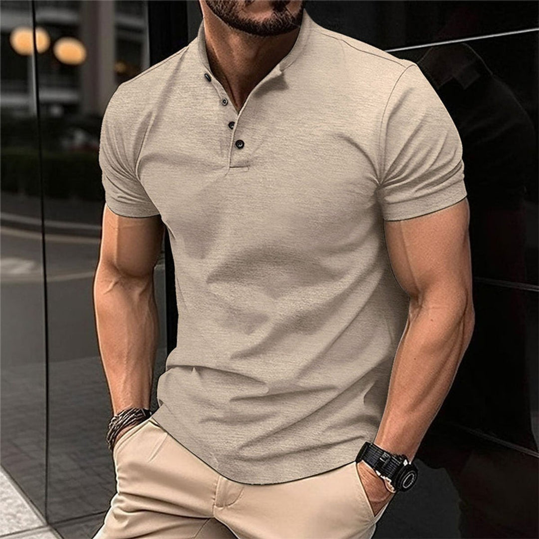 Men's Slim-Fit Band-Collar Henley Men Polo Shirt - Khaki