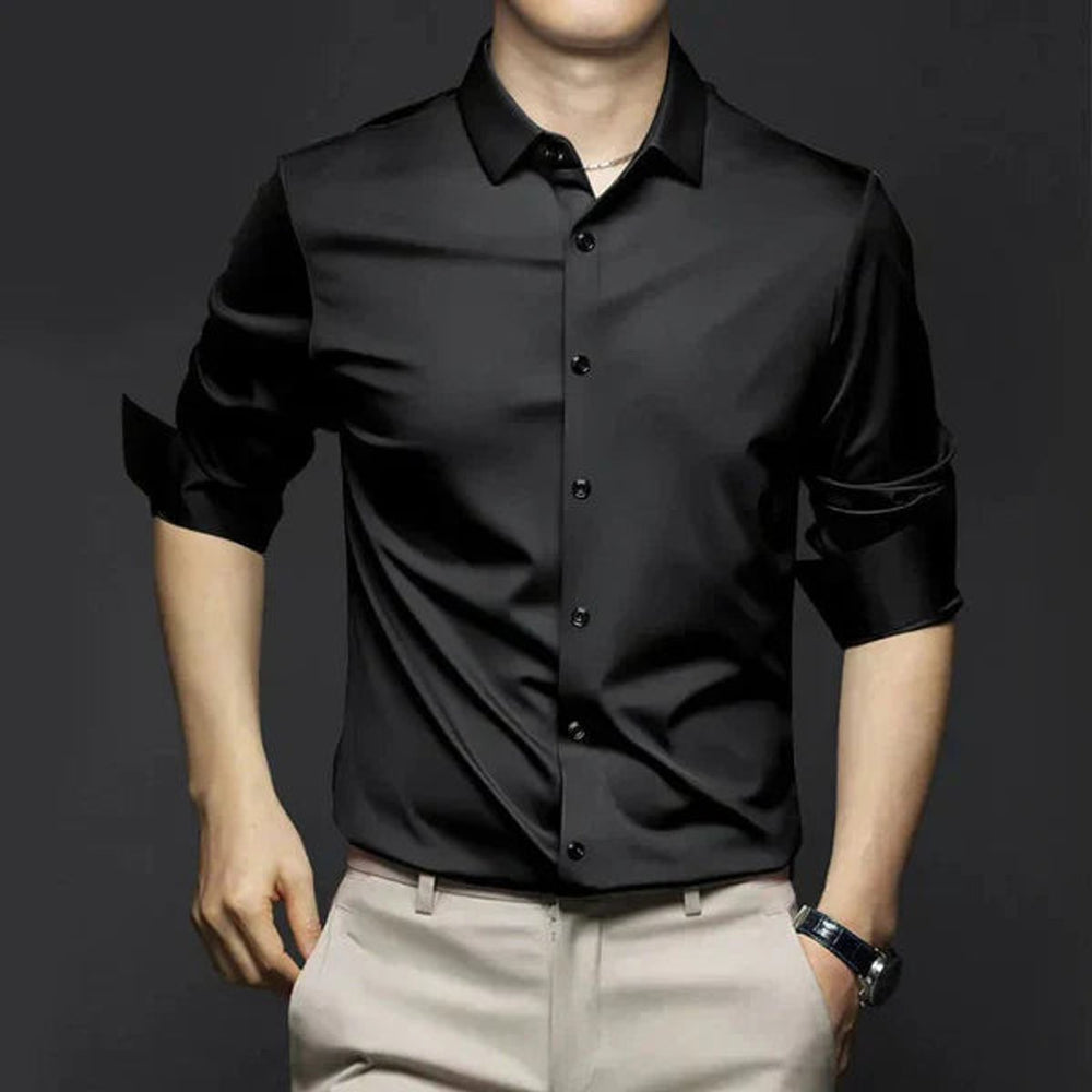 Men's Slim Fit Button-Down Polo Shirt Long Sleeve Dress Shirt - Black