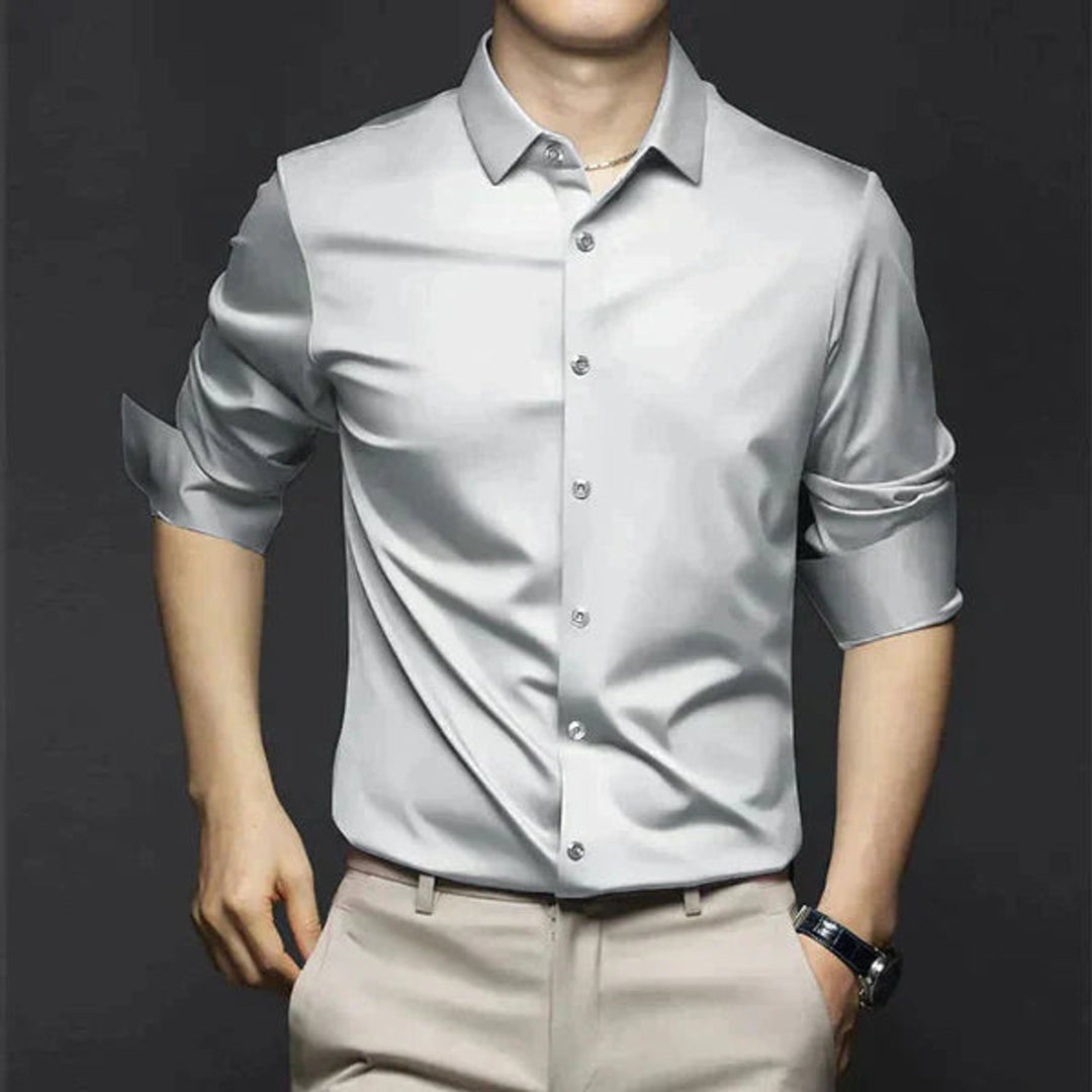 Men's Slim Fit Button-Down Polo Shirt Long Sleeve Dress Shirt - Light Gray