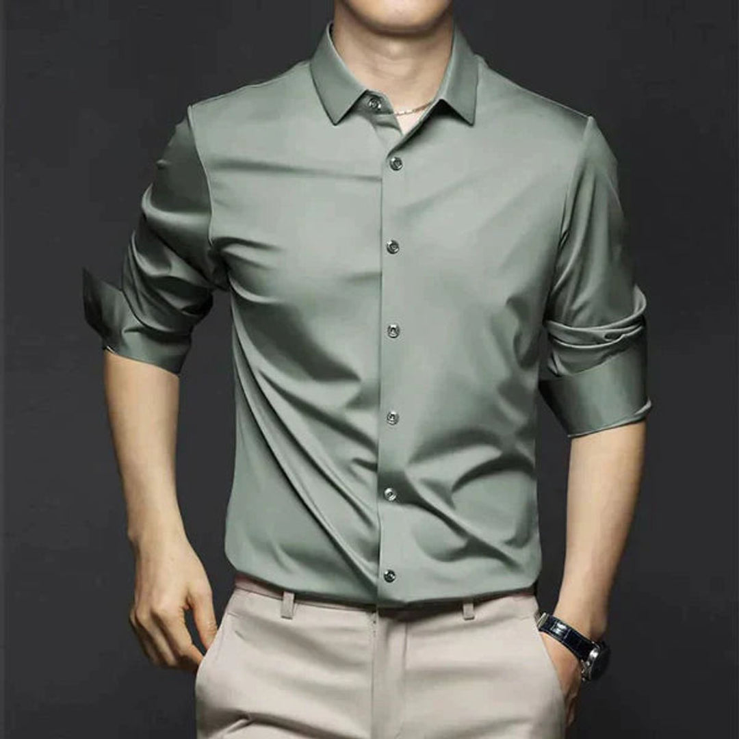 Men's Slim Fit Button-Down Polo Shirt Long Sleeve Dress Shirt - Light Green