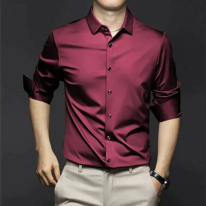 Men's Slim Fit Button-Down Polo Shirt Long Sleeve Dress Shirt - Red