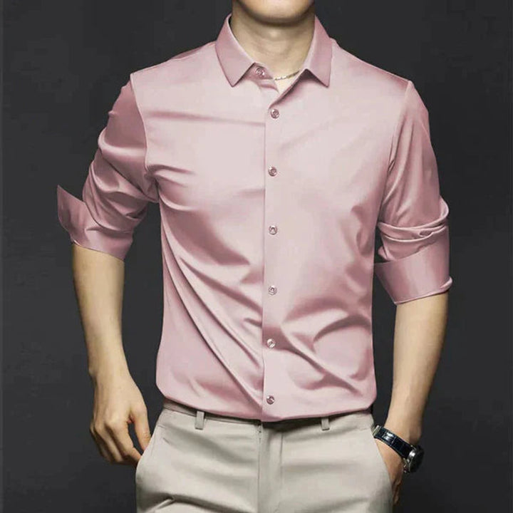 Men's Slim Fit Button-Down Polo Shirt Long Sleeve Dress Shirt - Pink
