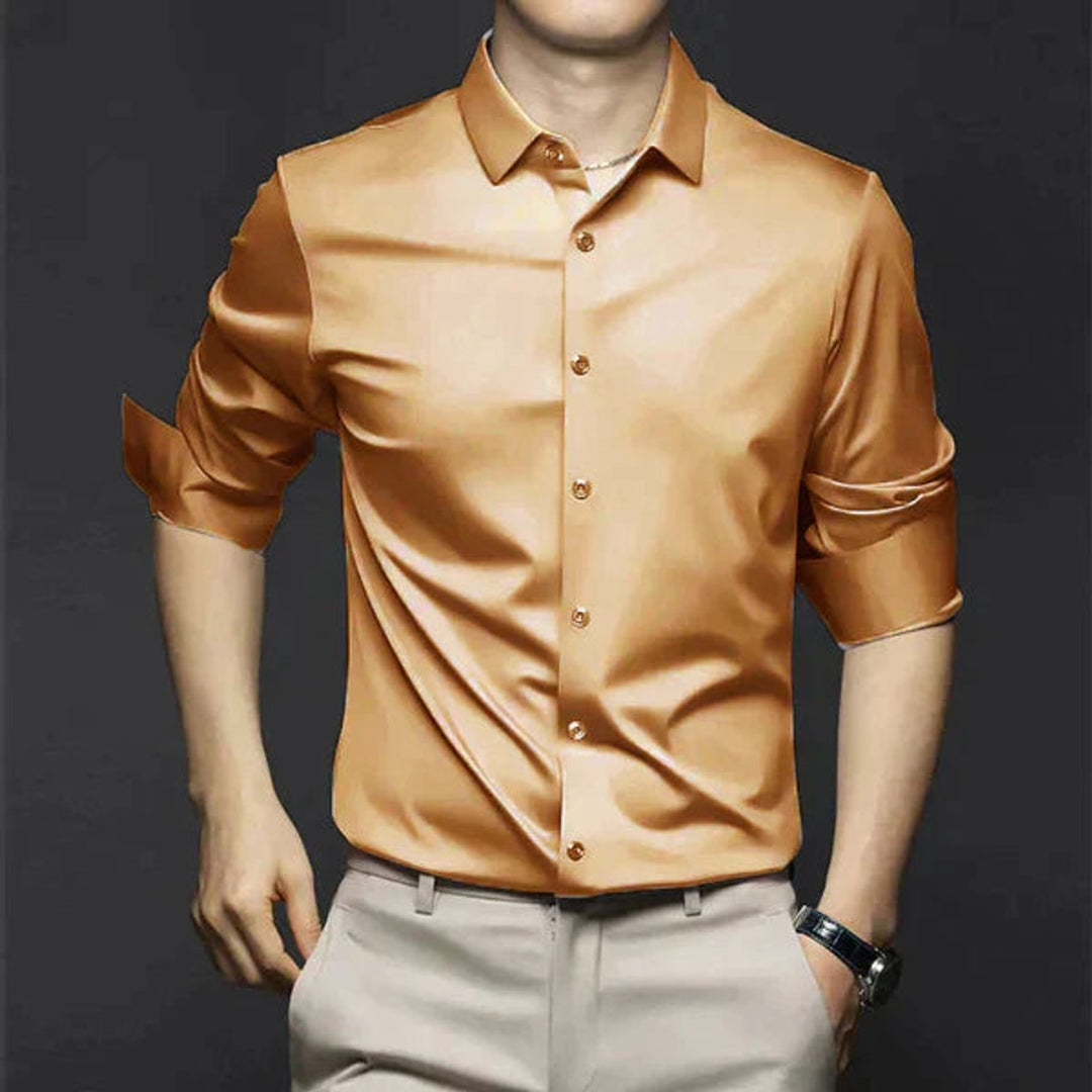 Men's Slim Fit Button-Down Polo Shirt Long Sleeve Dress Shirt - Orange
