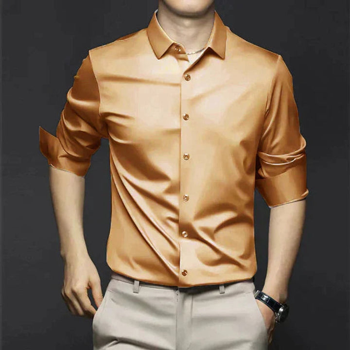 Men's Slim Fit Button-Down Polo Shirt Long Sleeve Dress Shirt - Orange