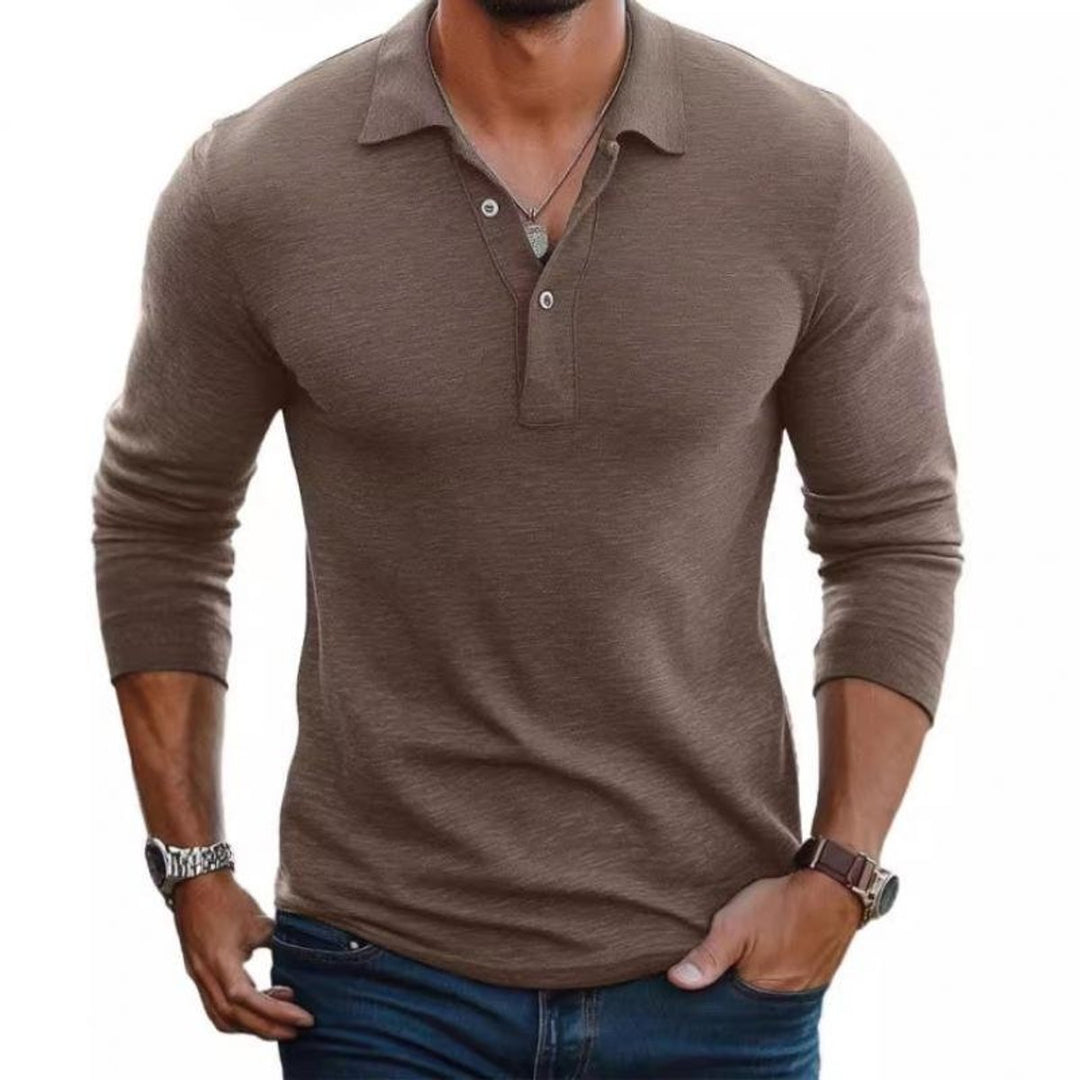 Men's Slim-Fit Long Sleeve Polo Shirt Three-Button Knit Collared Top - Camel