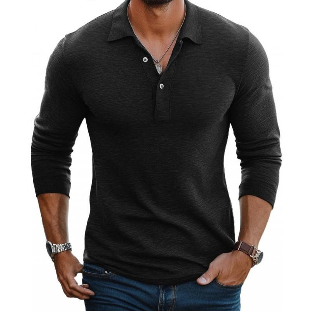 Men's Slim-Fit Long Sleeve Polo Shirt Three-Button Knit Collared Top - Black