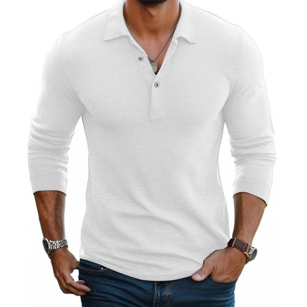 Men's Slim-Fit Long Sleeve Polo Shirt Three-Button Knit Collared Top - White