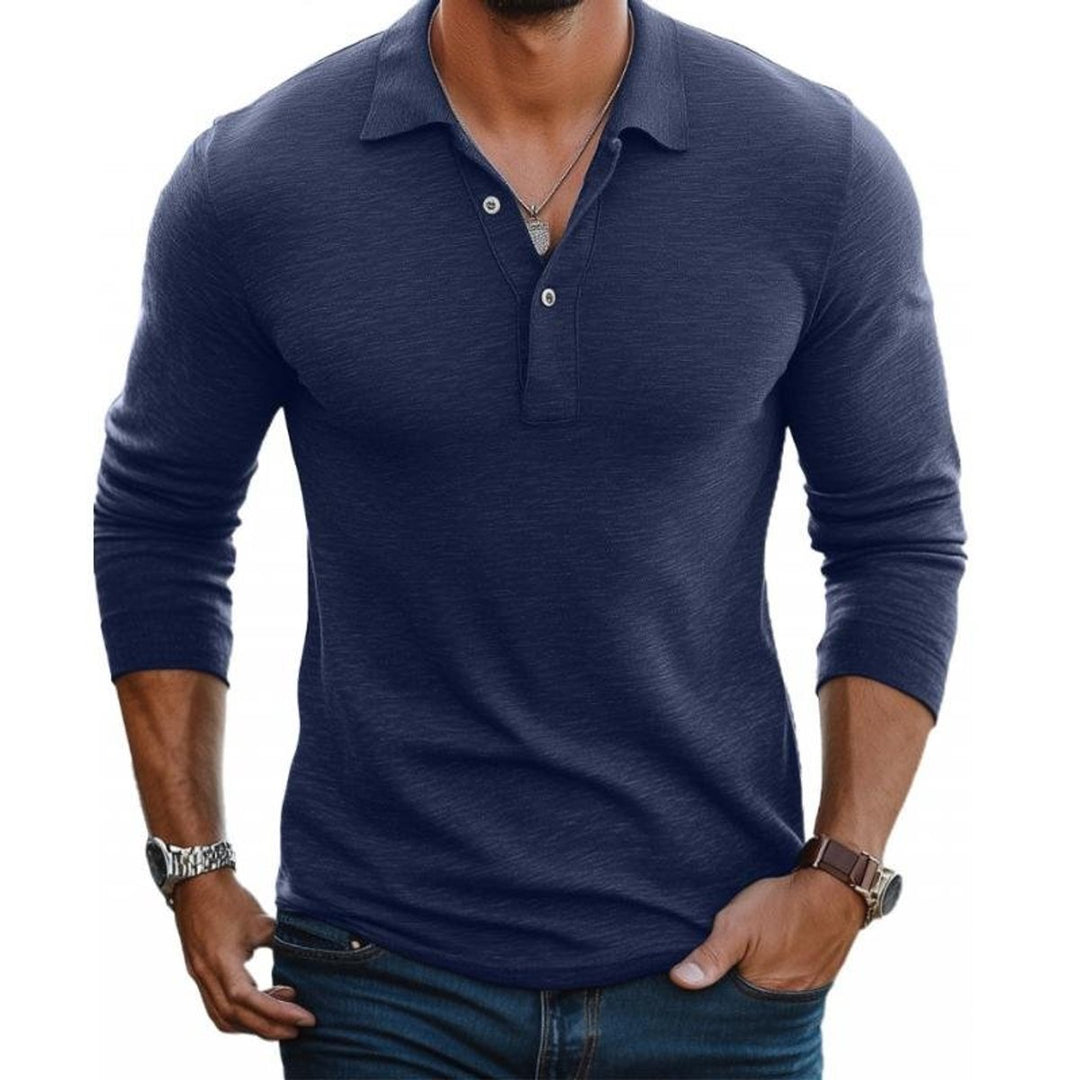 Men's Slim-Fit Long Sleeve Polo Shirt Three-Button Knit Collared Top - Navy Blue