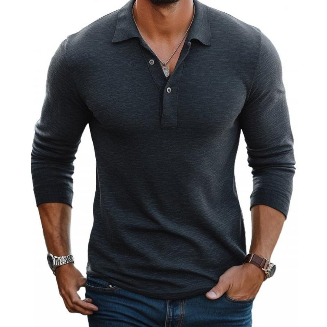 Men's Slim-Fit Long Sleeve Polo Shirt Three-Button Knit Collared Top - Charcoal
