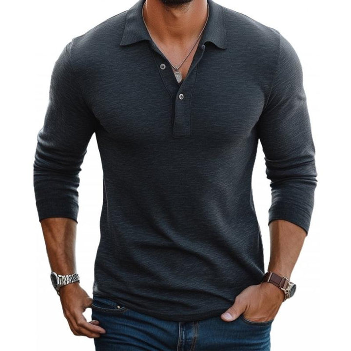 Men's Slim-Fit Long Sleeve Polo Shirt Three-Button Knit Collared Top - Charcoal