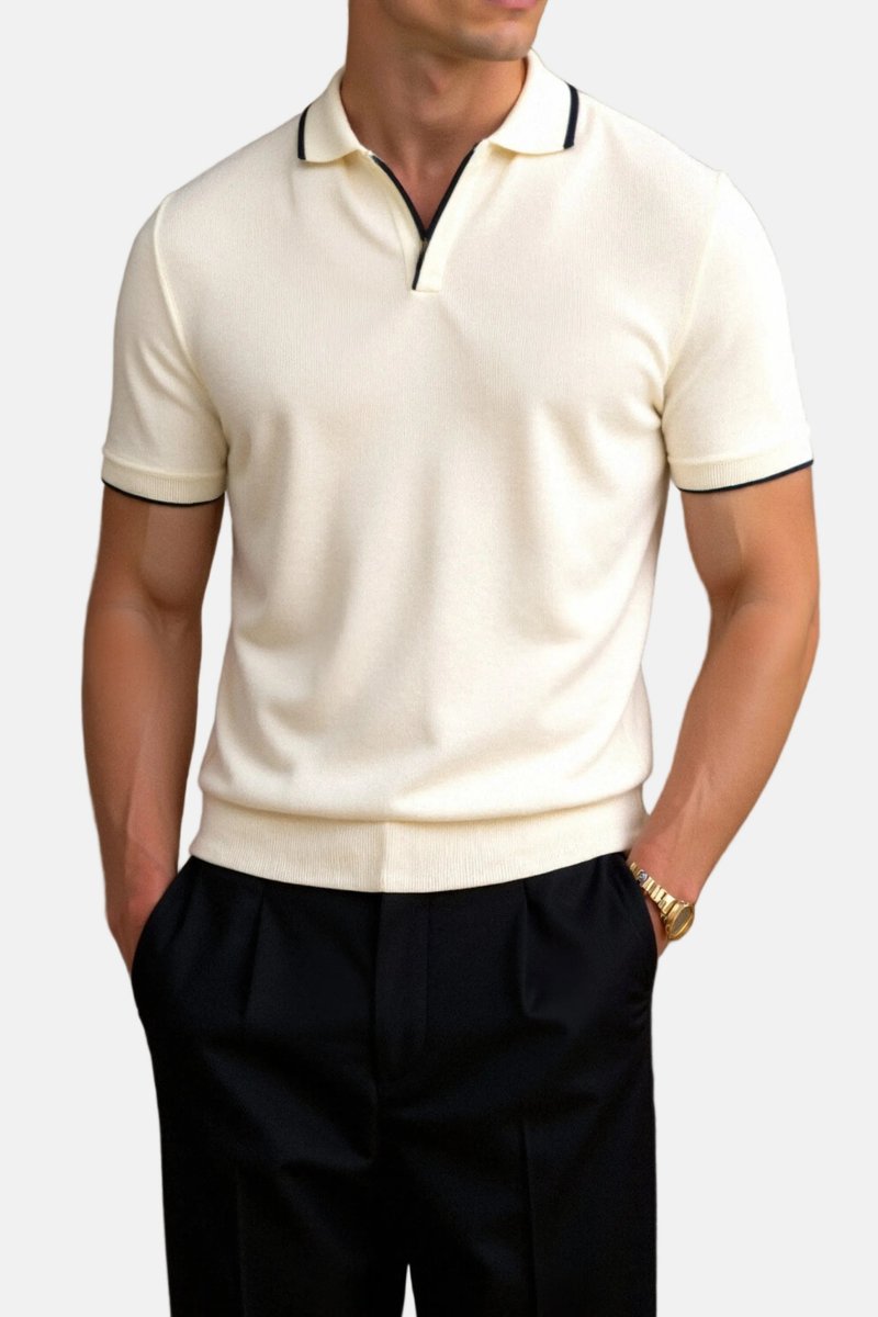 Men's Slim-Fit Open-Collar Knit Men Polo Shirt Contrast Trim - Cream