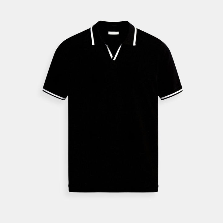 Men's Slim-Fit Open-Collar Knit Men Polo Shirt Contrast Trim - Black