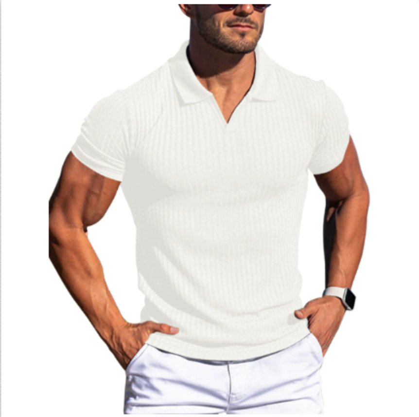 Men's Slim-Fit Ribbed Knit Open-Collar Polo Shirt - White