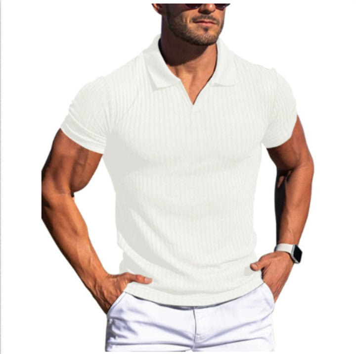 Men's Slim-Fit Ribbed Knit Open-Collar Polo Shirt - White