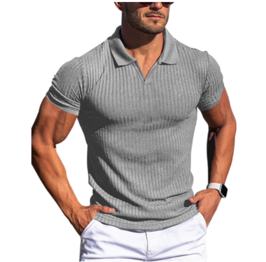 Men's Slim-Fit Ribbed Knit Open-Collar Polo Shirt - Gray