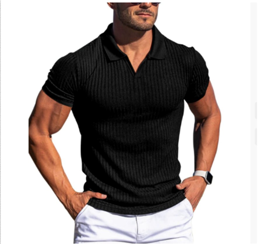 Men's Slim-Fit Ribbed Knit Open-Collar Polo Shirt - Black
