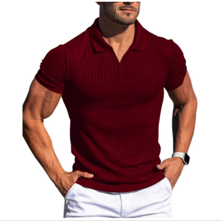 Men's Slim-Fit Ribbed Knit Open-Collar Polo Shirt - Burgundy