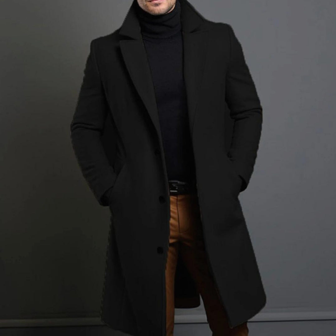 Men's Slim-Fit Single-Breasted Wool-Blend Winter Coat - Black