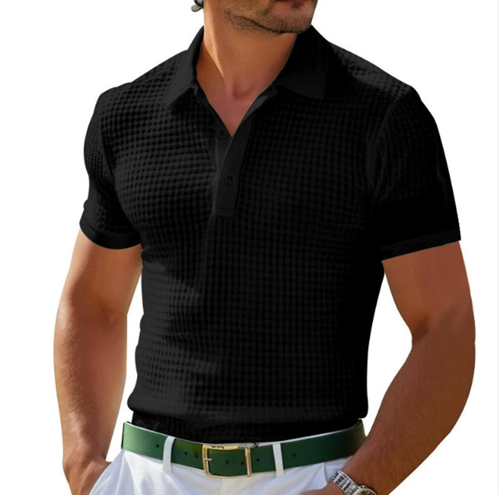 Men's Slim-Fit Waffle-Knit Short-Sleeve Polo Shirt - Black