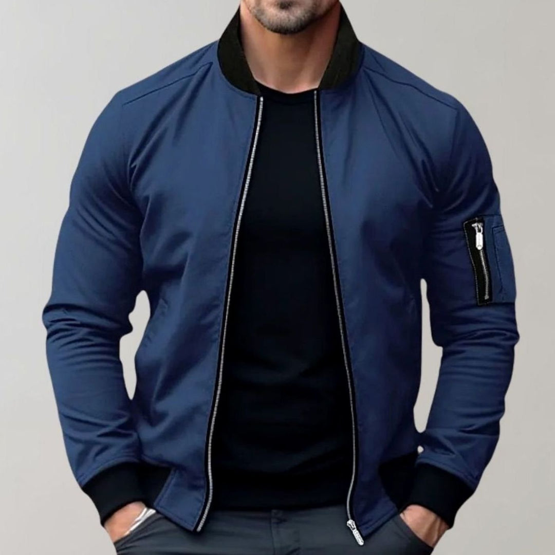 Men's Slim-Fit Zip-Up Bomber Jacket Ribbed-Collar Sleeve Pocket - Blue