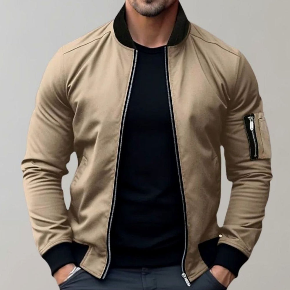 Men's Slim-Fit Zip-Up Bomber Jacket Ribbed-Collar Sleeve Pocket - Khaki