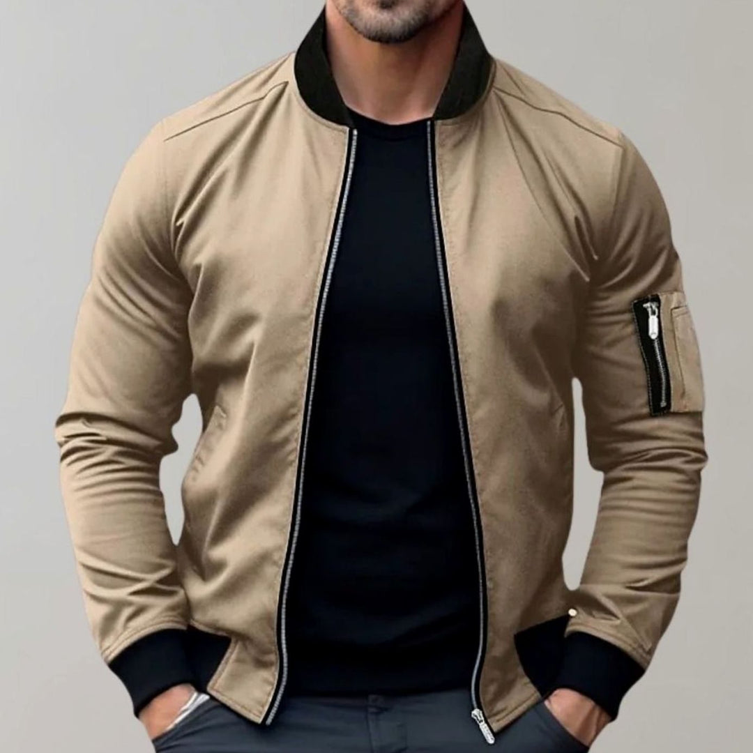 Men's Slim-Fit Zip-Up Bomber Jacket Ribbed-Collar Sleeve Pocket - Khaki
