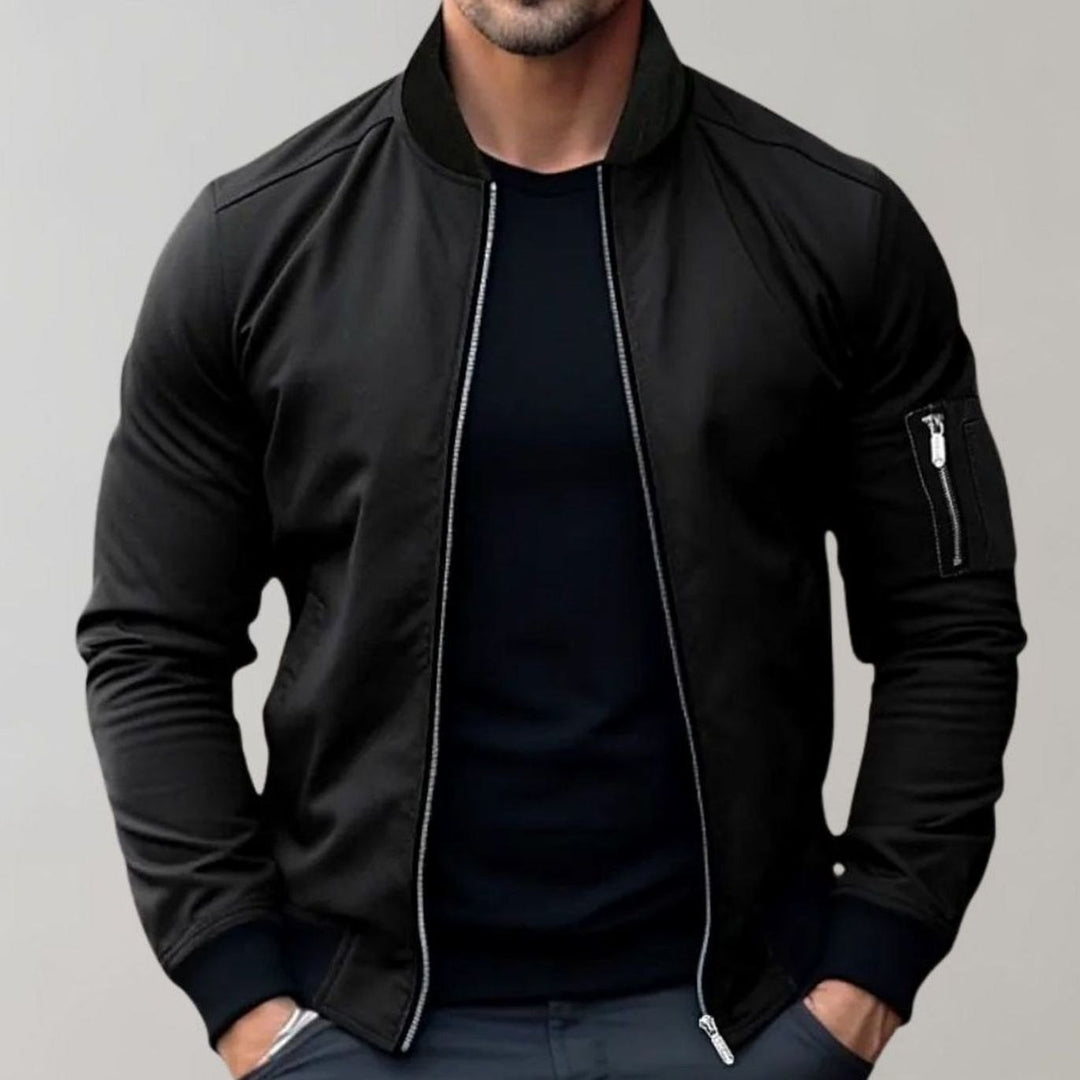 Men's Slim-Fit Zip-Up Bomber Jacket Ribbed-Collar Sleeve Pocket - Black