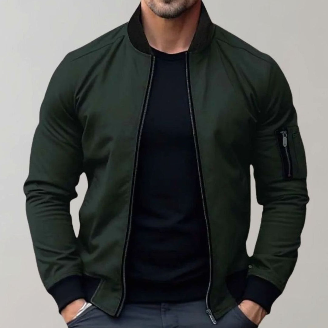 Men's Slim-Fit Zip-Up Bomber Jacket Ribbed-Collar Sleeve Pocket - Green