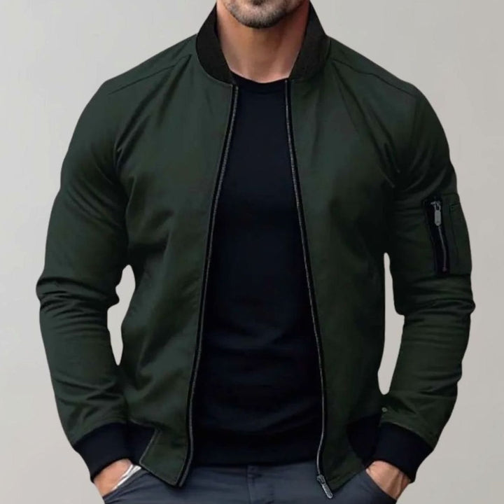 Men's Slim-Fit Zip-Up Bomber Jacket Ribbed-Collar Sleeve Pocket - Green